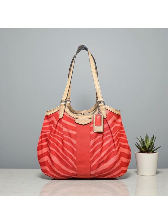 Coach Handbags - Coach Devin Shoulder Bag F24022 Orange Animal Print Canvas Tan Leather Tote
